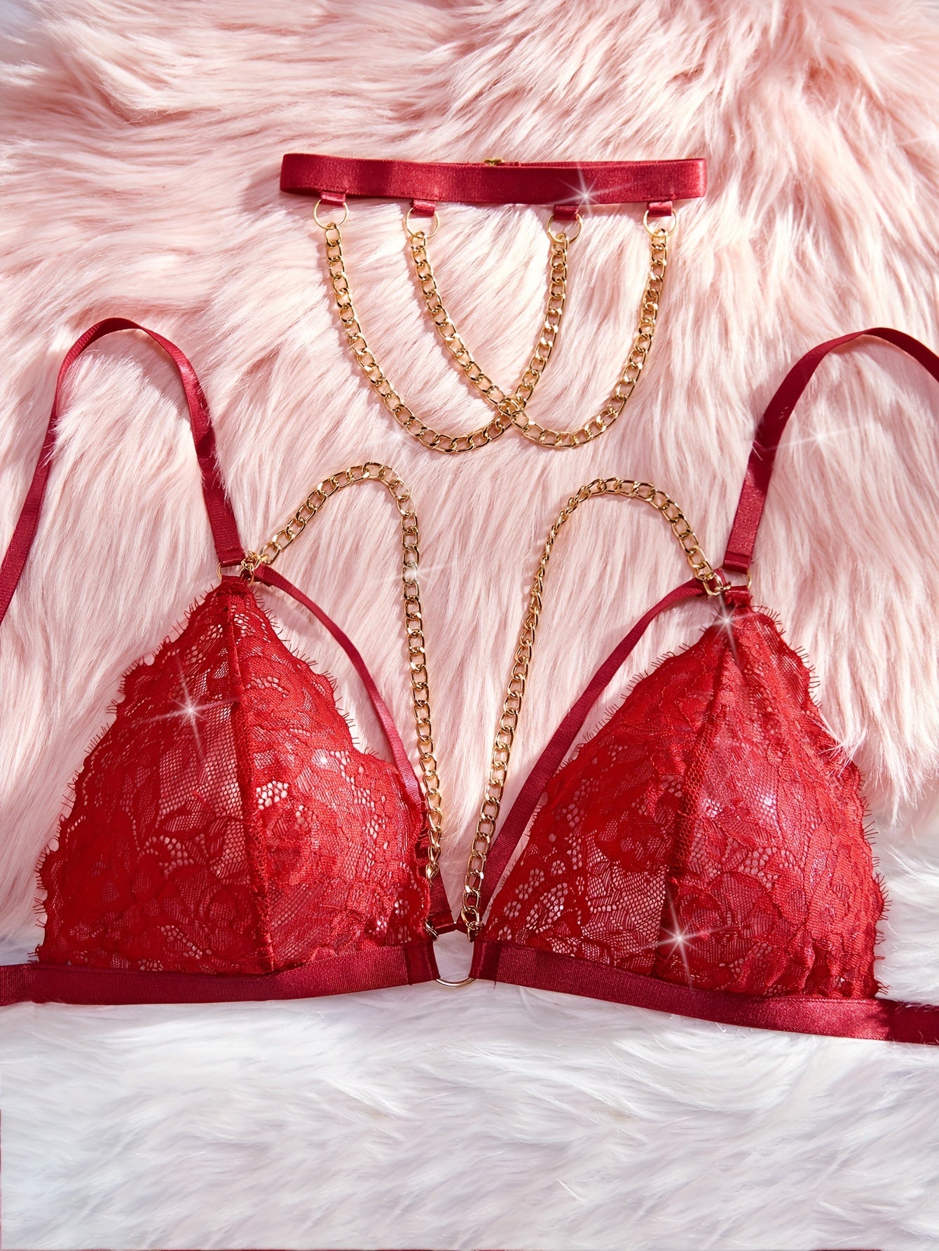 Lingerie Set with Floral Eyelash Lace, Gold Chain Bra, Hollow Thong and Chain Neck Ring