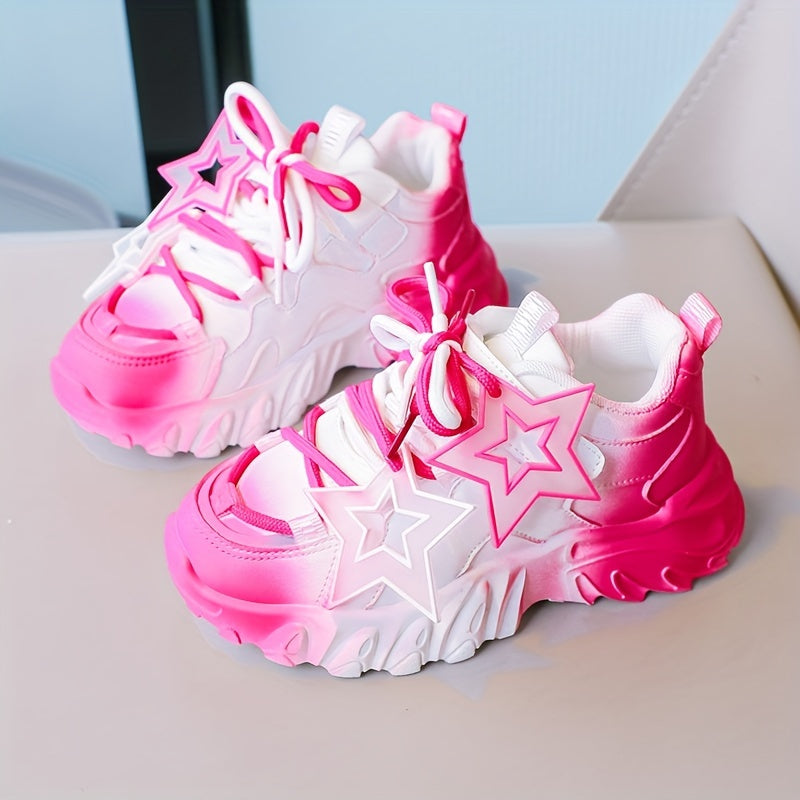 Girls Chunky Sneakers Pink White Gradient Star Pattern Casual Sports Outdoor Shoes