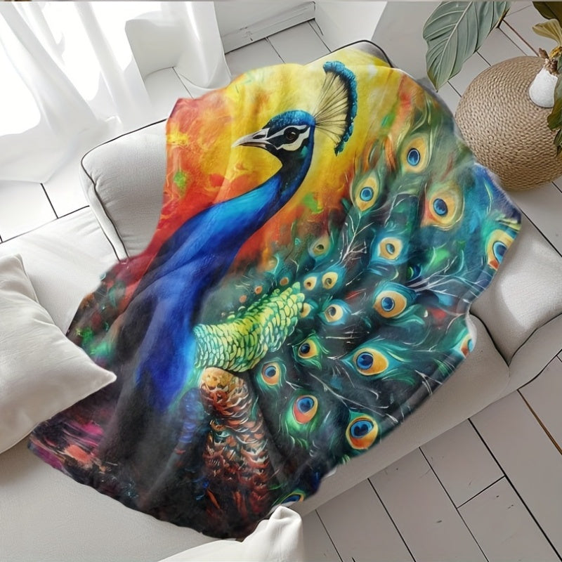 Peacock Print Flannel Throw Blanket for All Seasons Hand Washable Stylish