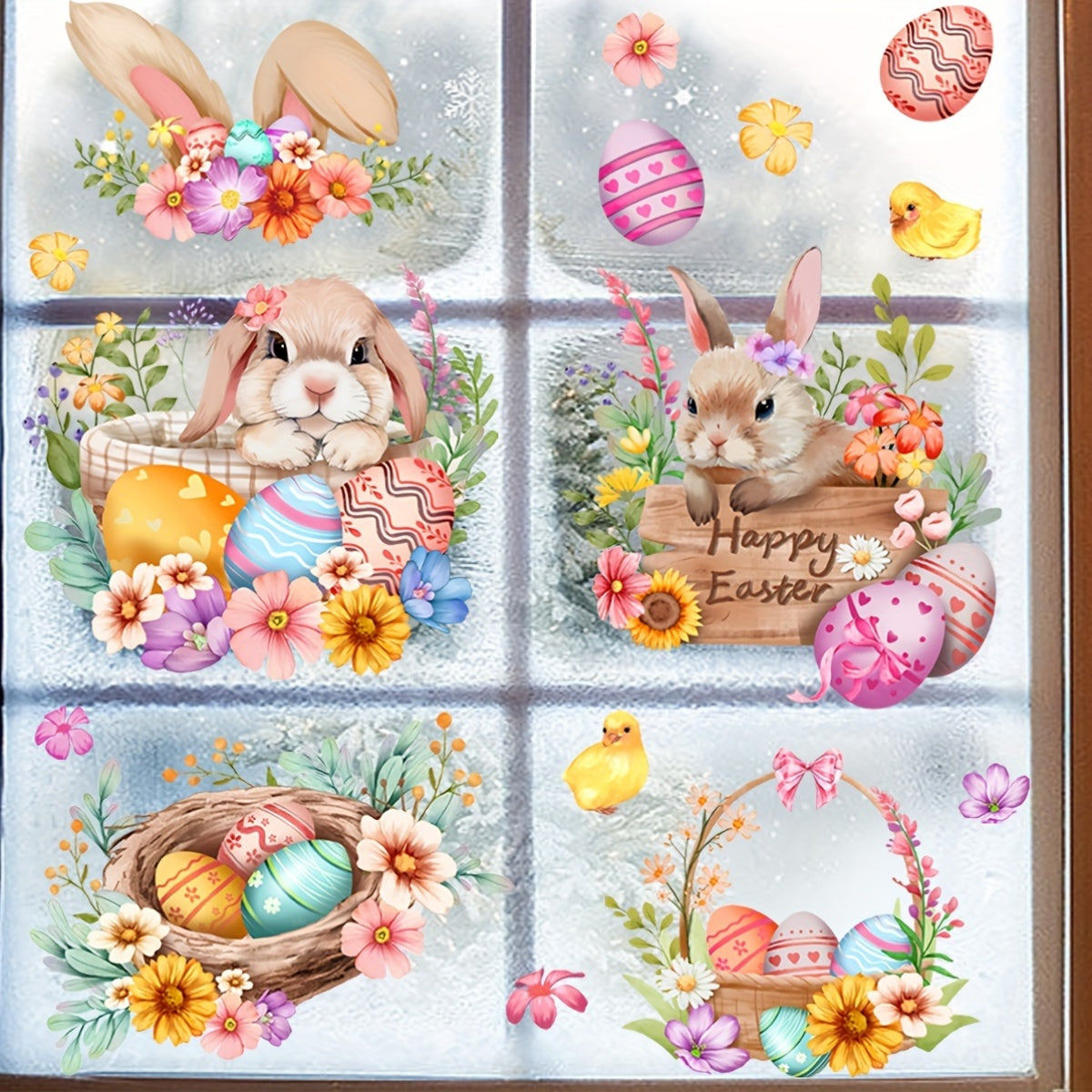 Easter Bunny and Eggs Window Clings Reusable PVC Static Decals 30x60cm