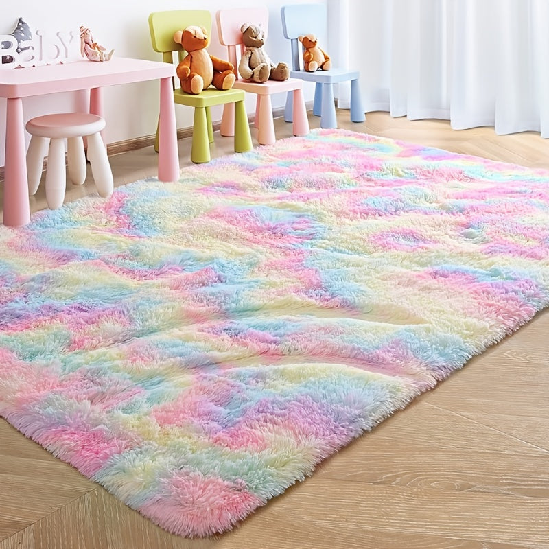 Shag Rainbow Rug for Bedroom and Living Room Soft Tie-Dye Plush Polyester