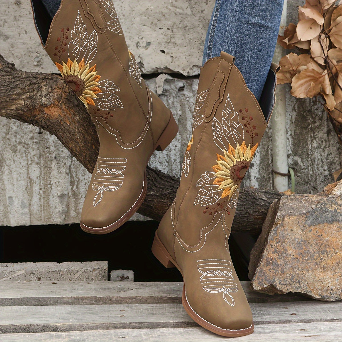Women's Faux Leather Embroidered Mid Calf Western Boots