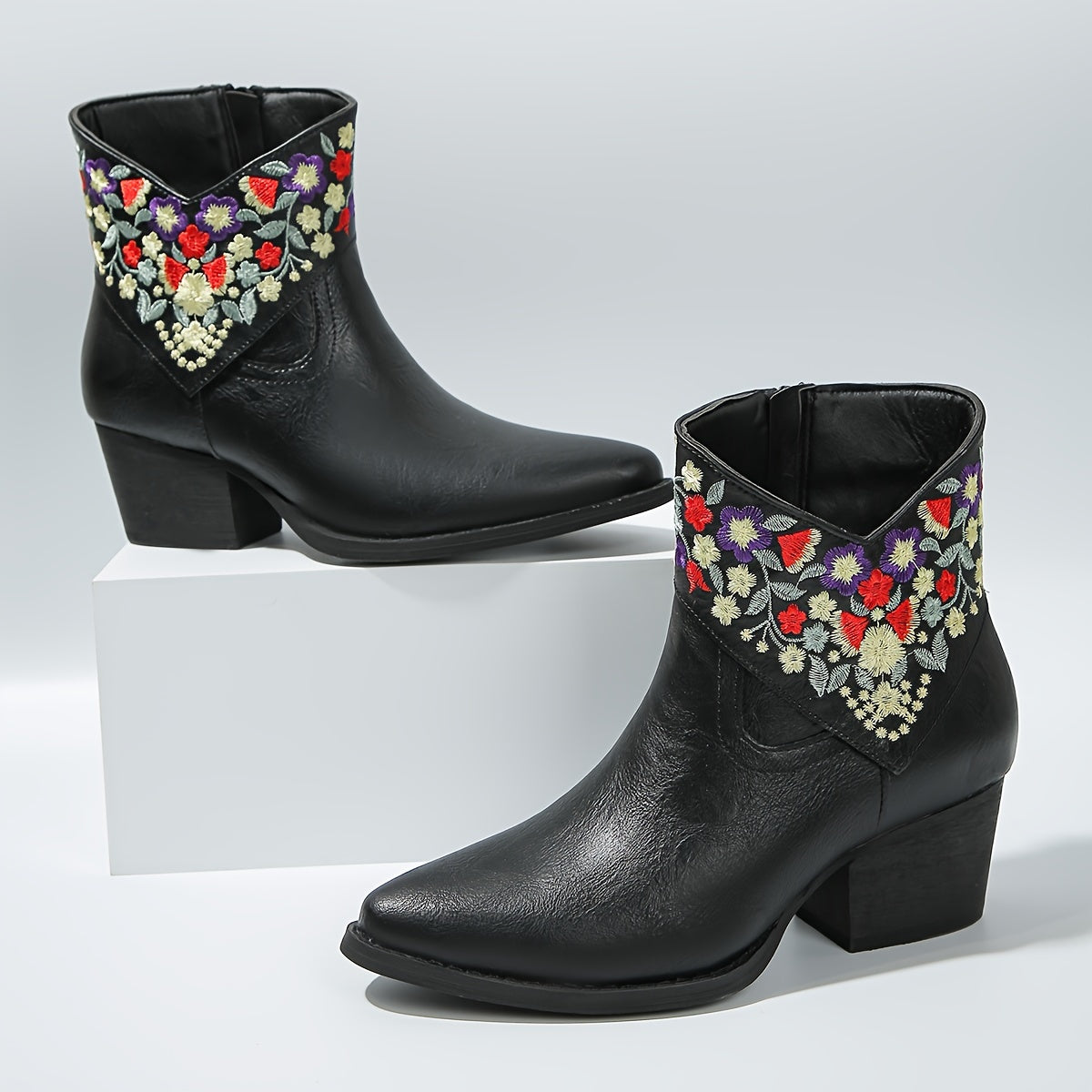 Women's Flower Pattern Chunky Heel Short Boots Leather Point Toe Ankle Zipper