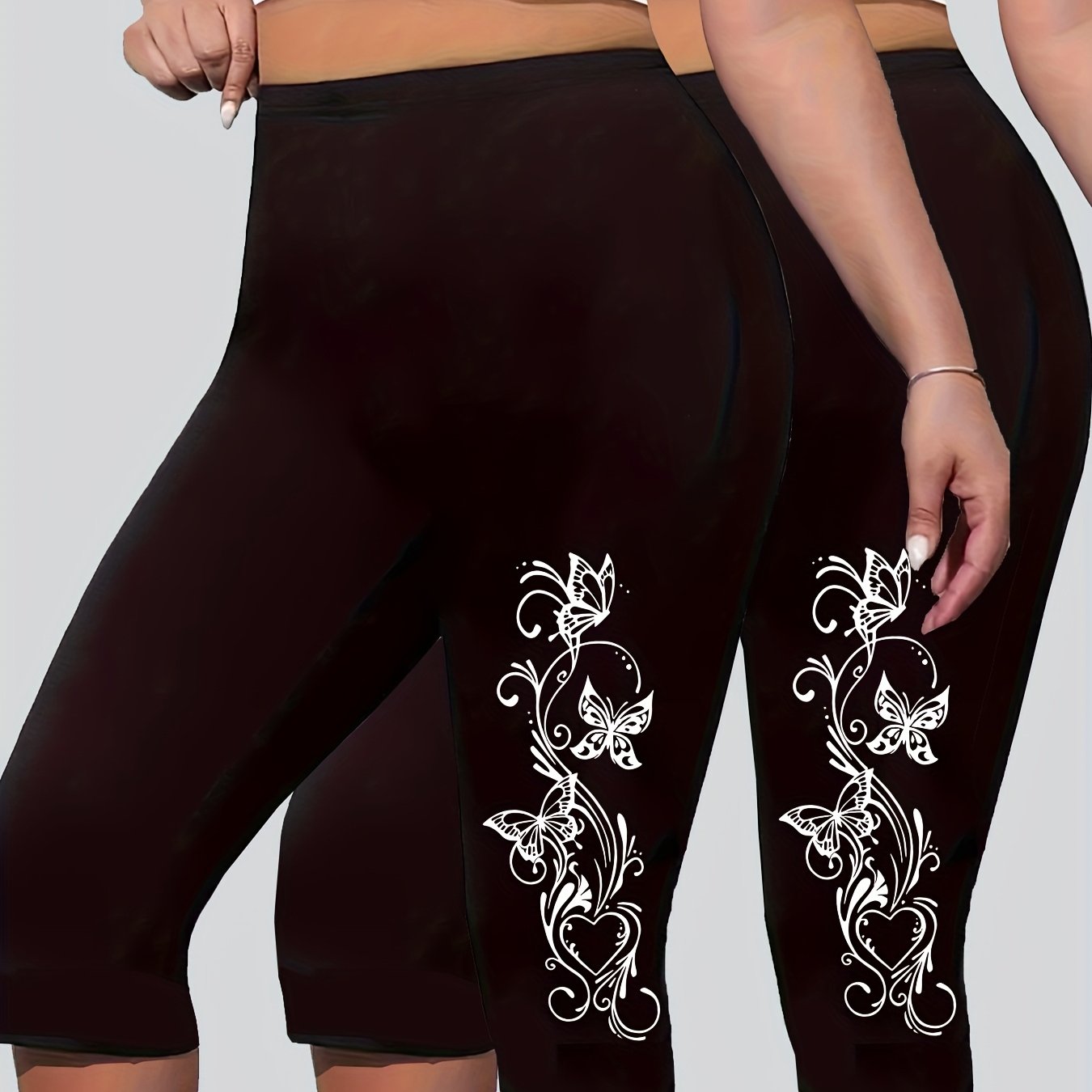 Plus Size Women High-Waisted Leggings 2 Pack Summer Butterfly Heart Print Stretchy Polyester