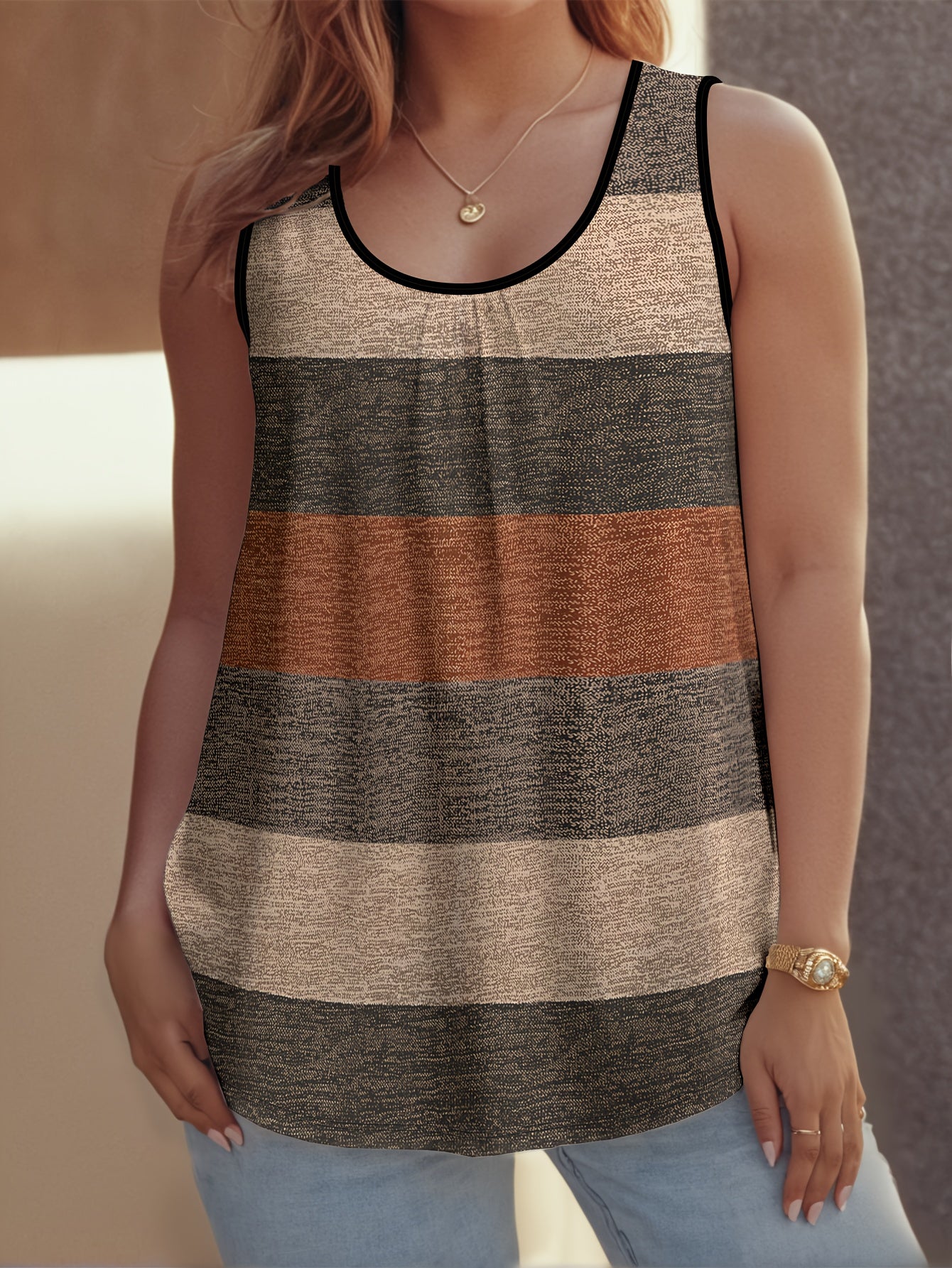 Women's Plus Size Striped Linen Pattern Tank Top for Outdoor Sports and Casual Wear