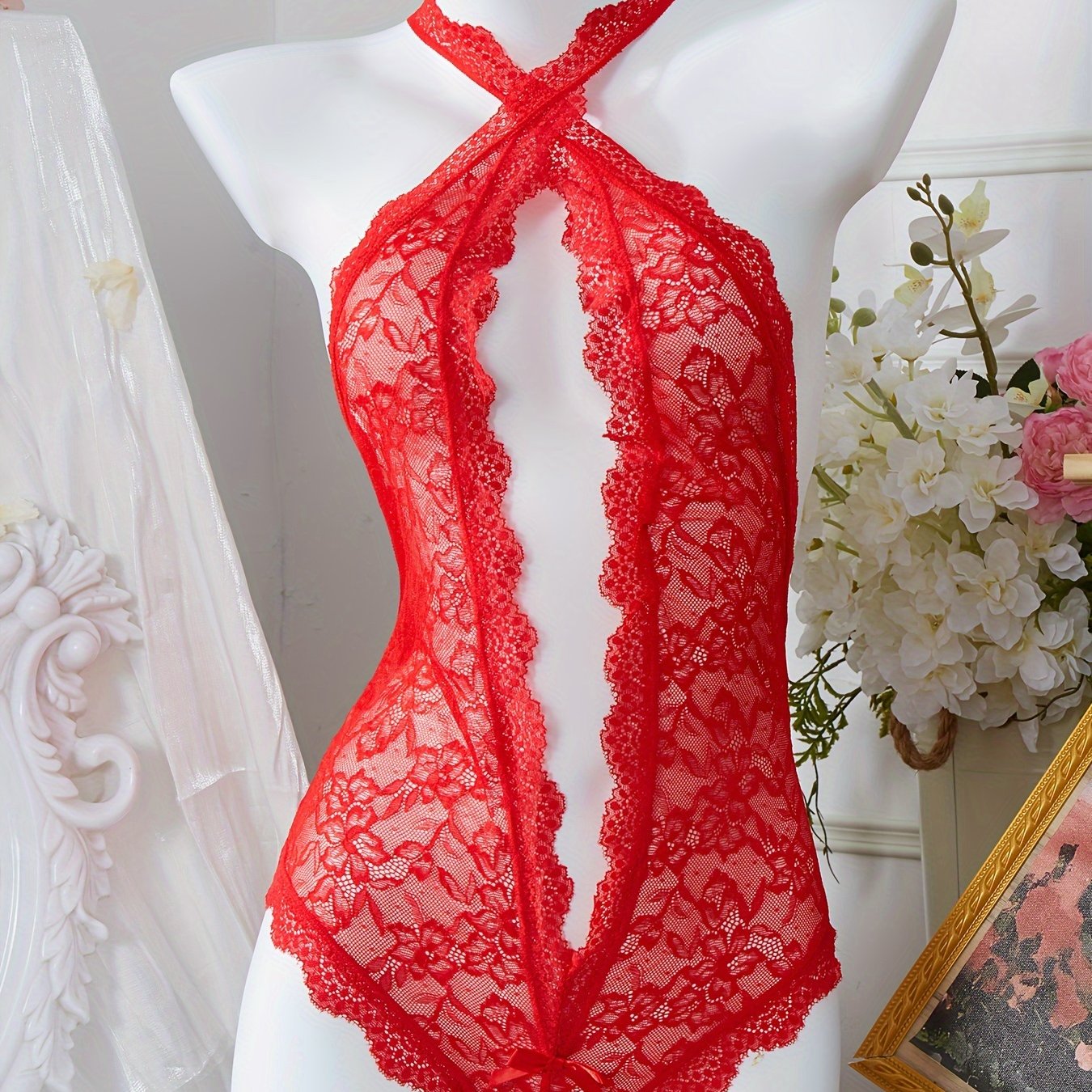 Red Lace Bodysuit with Bow Detail and Floral Print Lingerie