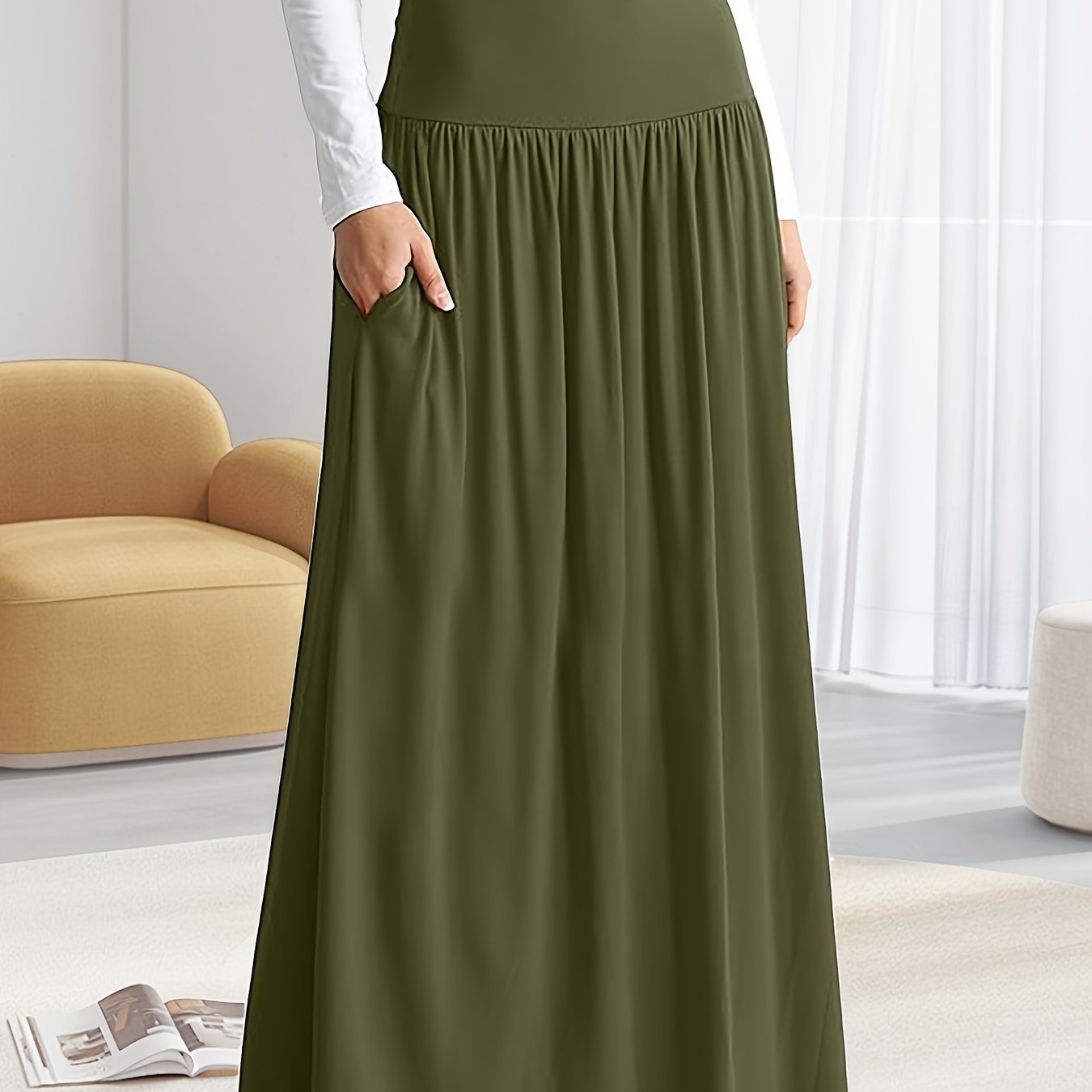Women's Plus Size Ruched High Waist Maxi Skirt Casual Spring Summer