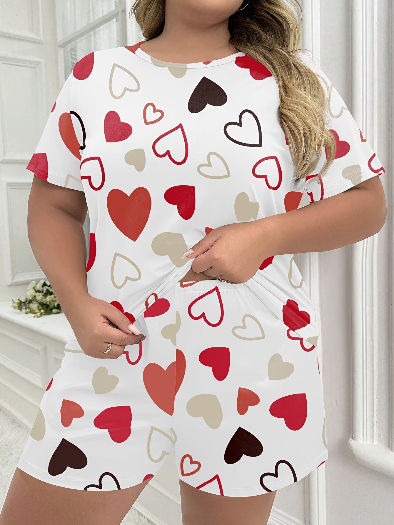 Women's Plus Size Heart Pattern Casual Shorts Pajama Set Polyester Knit
