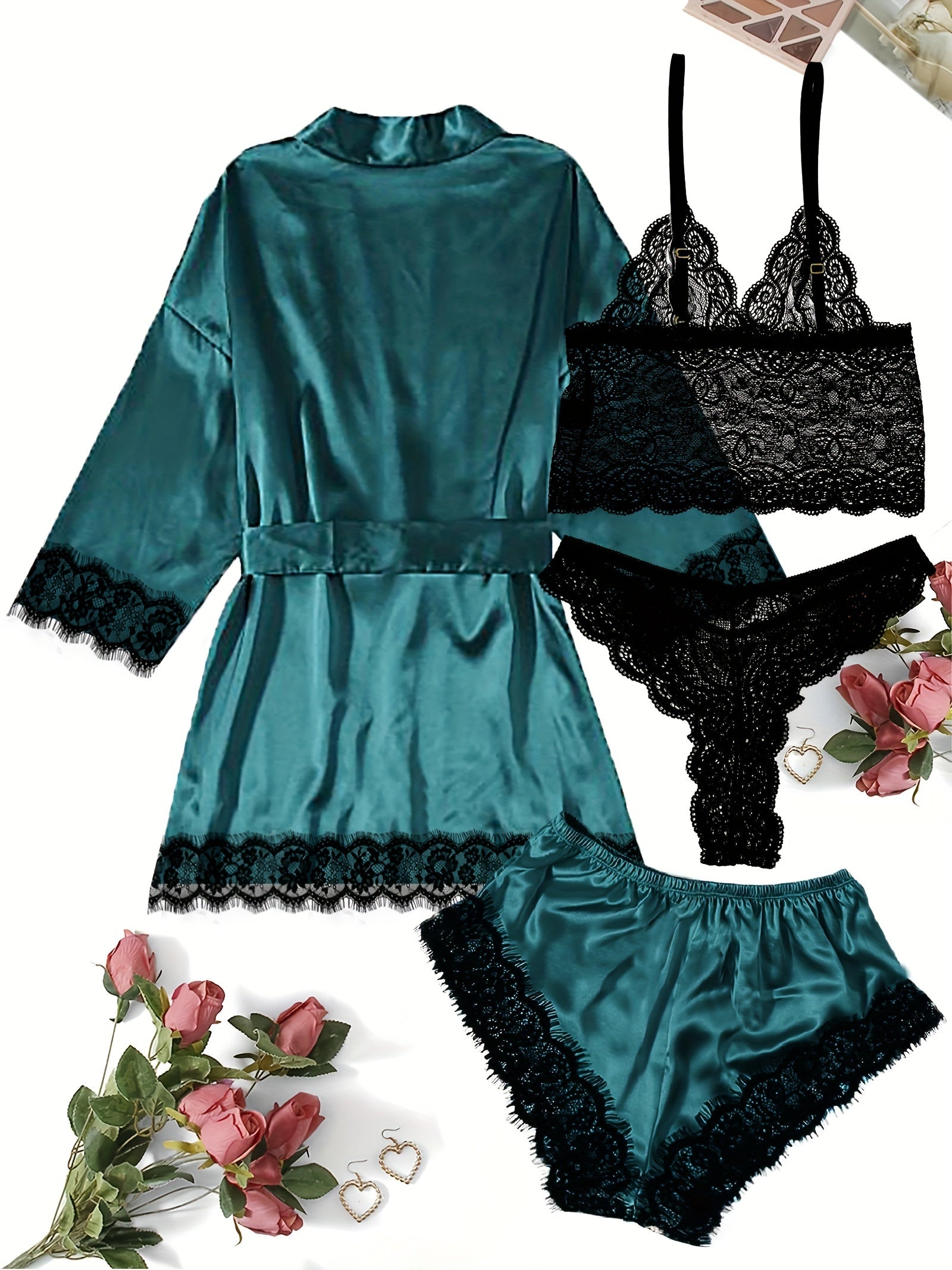 Women's Loungewear Set with Lace Detailing Robe V-Neck Cami Shorts and Panties