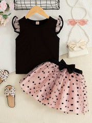 Girls Summer Two-Piece Set Mesh Patchwork Sleeveless Top and Short Skirt