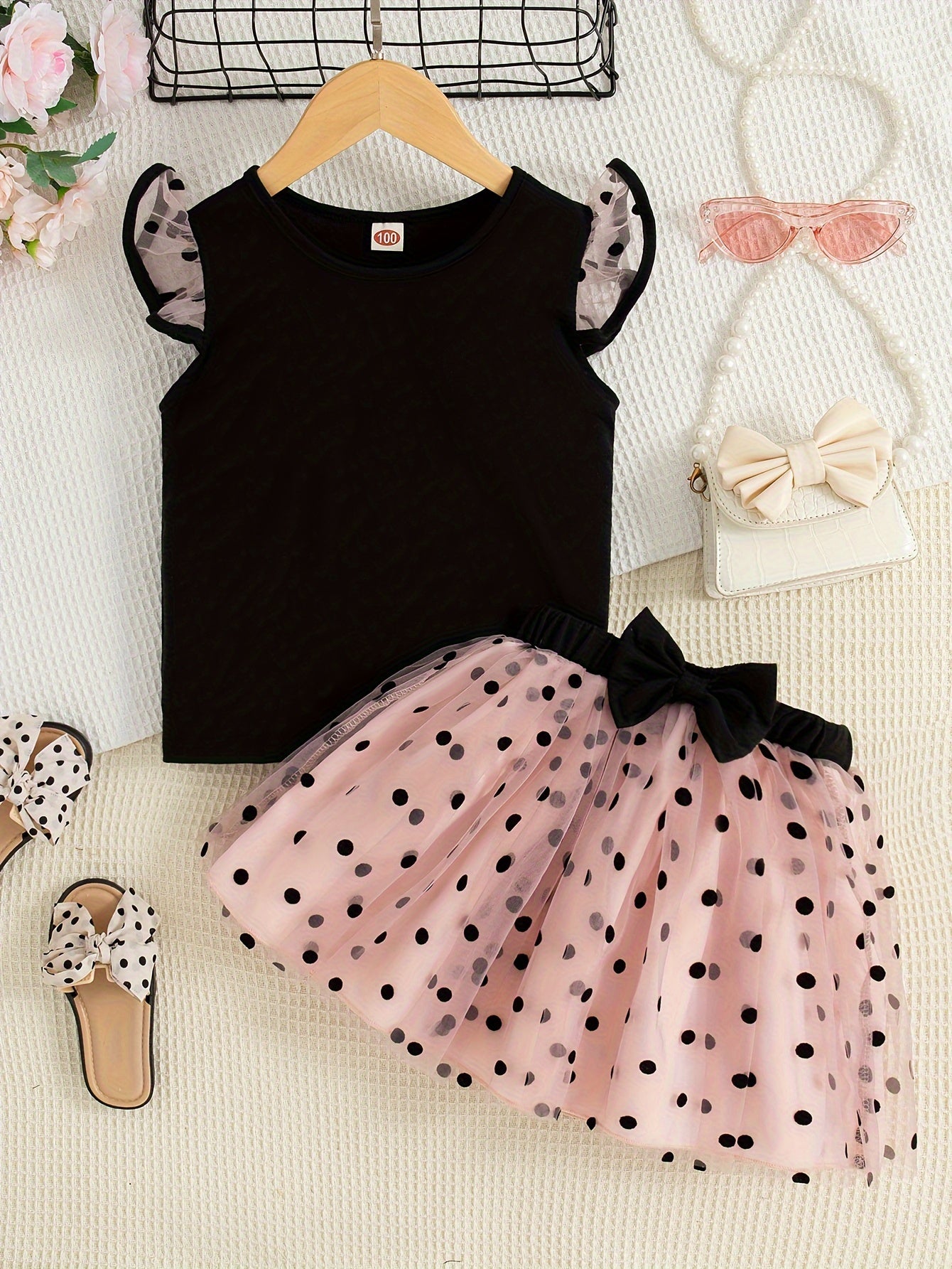 Girls Summer Two-Piece Set Mesh Patchwork Sleeveless Top and Short Skirt