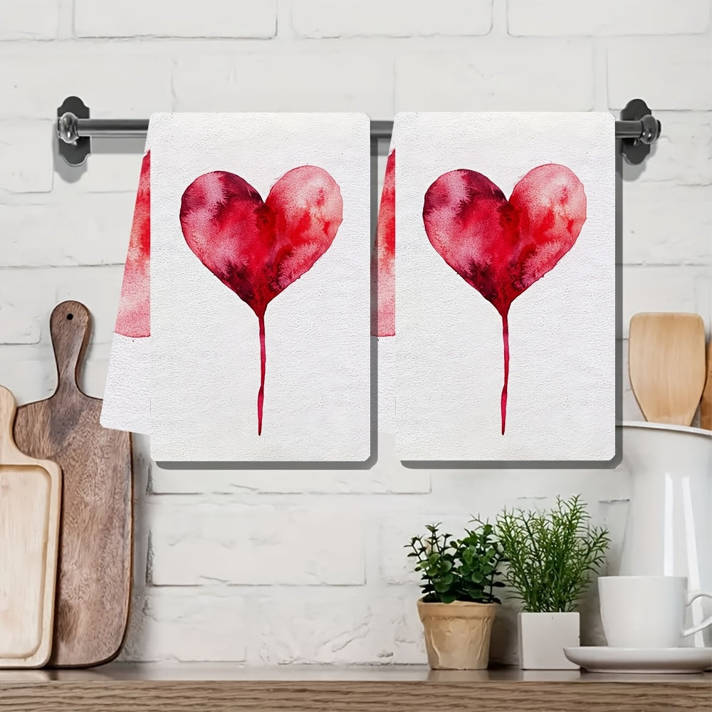 Set of 2 Soft Kitchen Towels with Heart Design, 40x60cm, Absorbent, Machine Washable