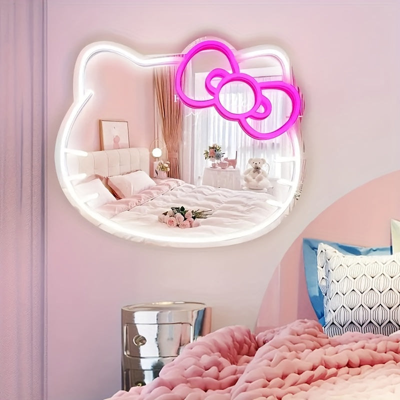 Hello Kitty Neon Sign Mirror with Dimmable LED Light for Bedroom Living Room Kid's Room
