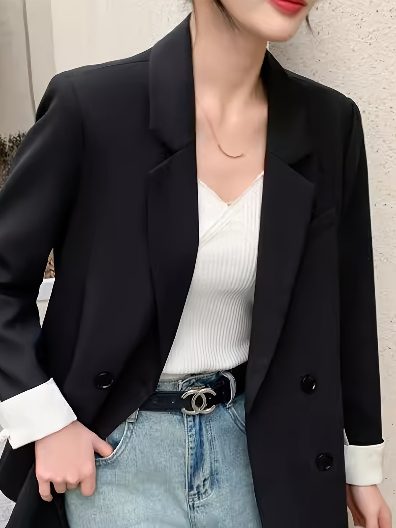 Women Plus Size Light Pink Double-Breasted Blazer Long Sleeve Office Casual