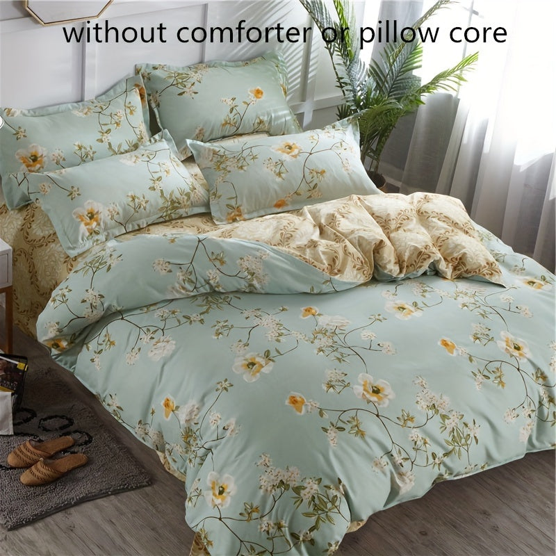 Floral Duvet Cover Set 4 Pieces Polyester Bed Bedding with Pillowcases and Flat Sheet
