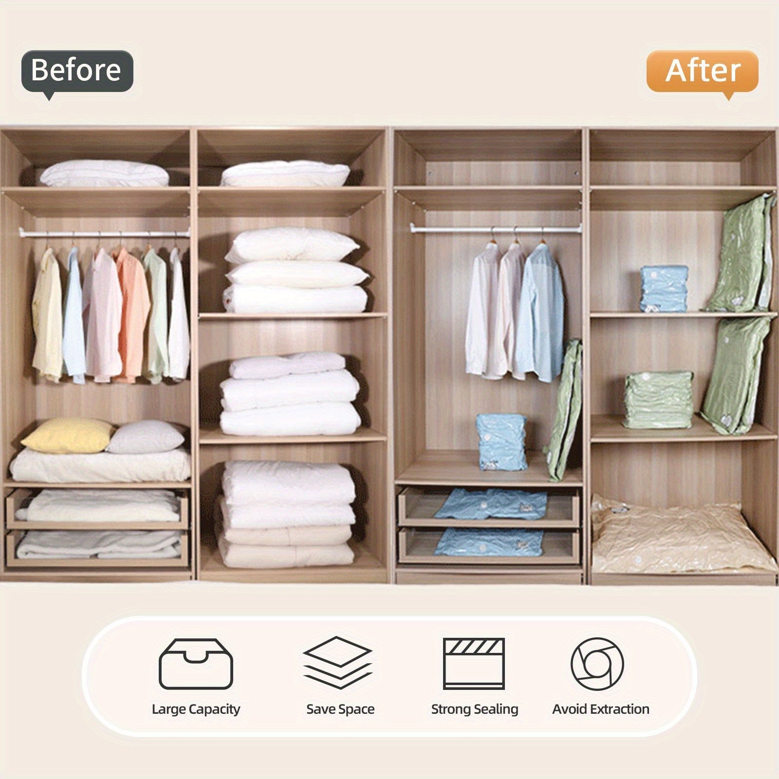 Juego de 4/6 bolsas de almacenamiento al vacío para quilts, mantas, ropa ahorro de espacio