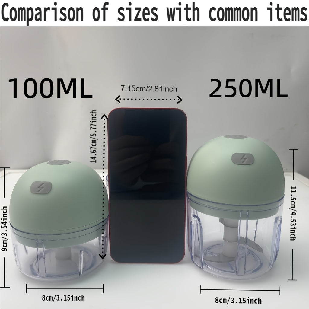 Stainless steel pichoqli USB qayta zaryadlanadigan sarimsoq bosish va maydalash qurilmasi, turli taomlar uchun kompakt va portativ dizayn, 36V xavfsiz kuchlanish, 500mAh batareya, bardoshli plastmassa korpus.