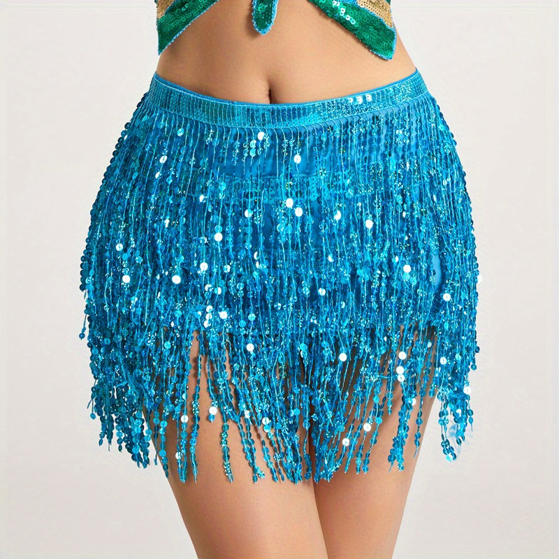 Festive Belly Dance Waist Chain for Halloween Costume Sequin Tassel Hip Scarf with Silvery Layers