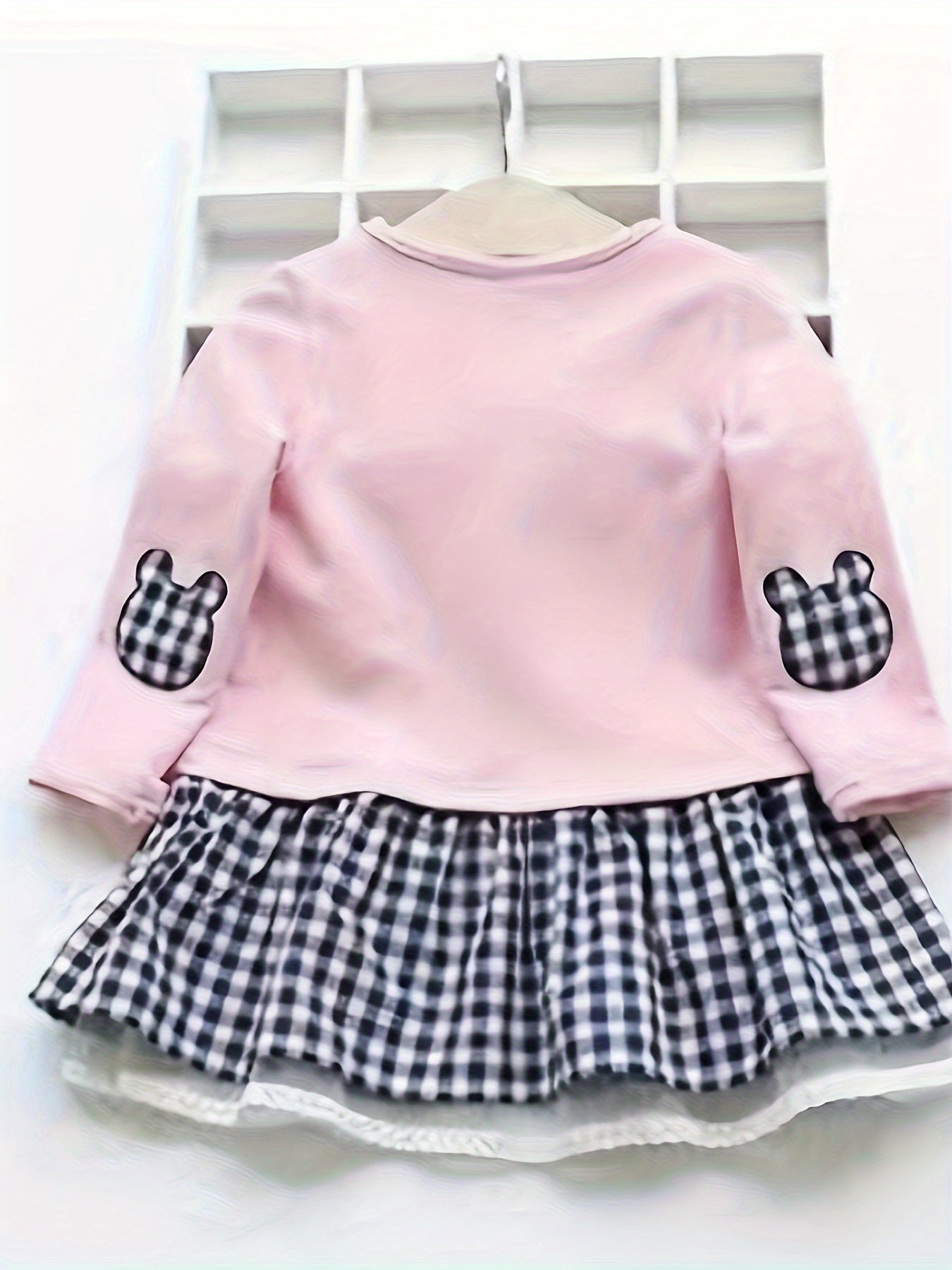 Girls' Long Sleeve Cotton Dress with Rabbit Embroidery Pink Princess Skirt Checkered Pattern Lace Trim for Girls