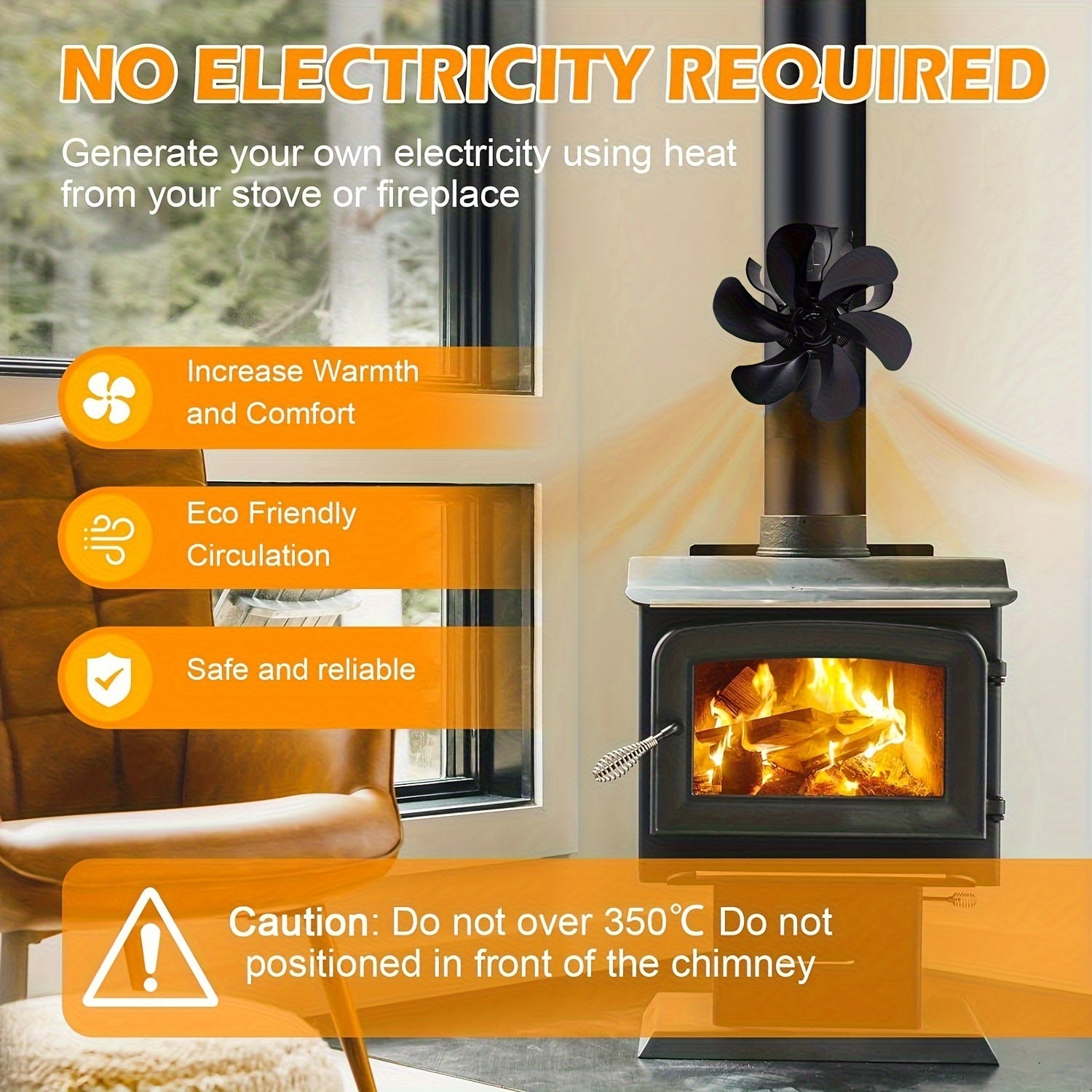 Portable 6-Blade Wood Stove Fan for Fireplace Heat Distribution No Battery Needed