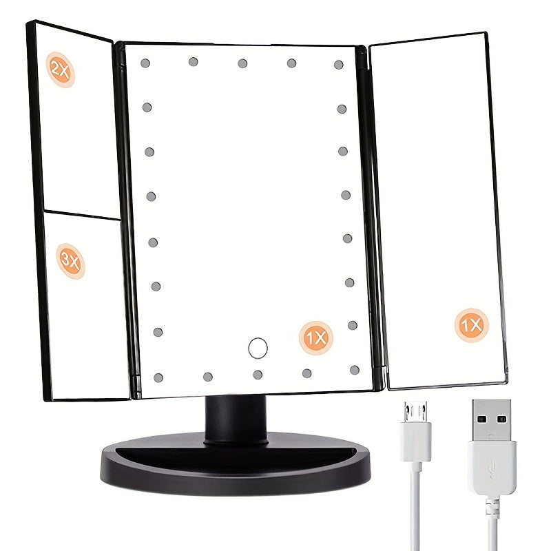 LED Lighted Vanity Makeup Mirror with 2X and 3X Magnification, Touch Control, Trifold Design, Dual Power USB Battery