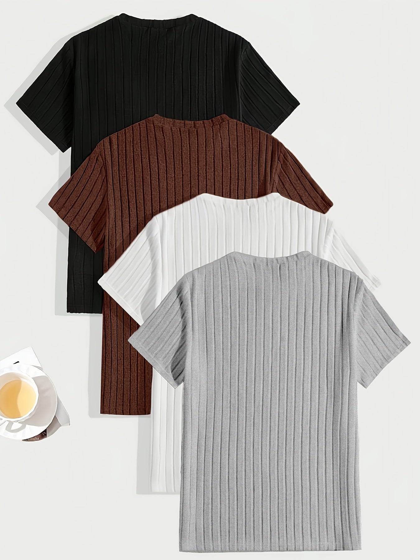 4-Pack Men's Casual Ribbed T-Shirts Polyester Elastane Crew Neck Short Sleeve Multi-Color