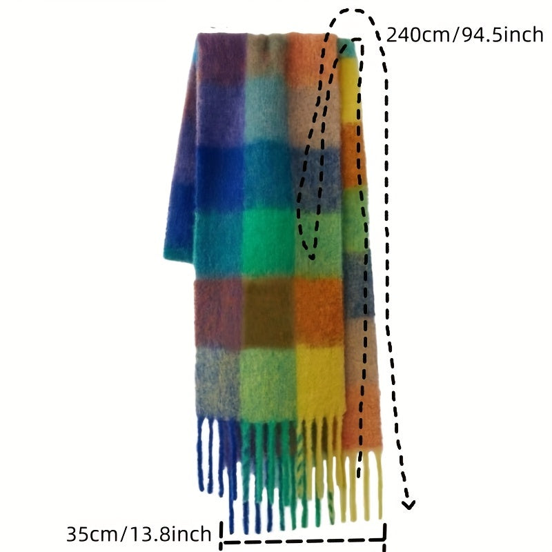 Rainbow-colored Boho Plaid Scarf with Tassels: Chunky, Imitation Tassel Shawl for Neck Warmth in Autumn and Winter. Features a Long Neckerchief Design.