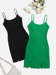 Vestidos de descanso de canalé para mujer de color sólido con cuello redondo y abertura, tejido de punto para todas las estaciones