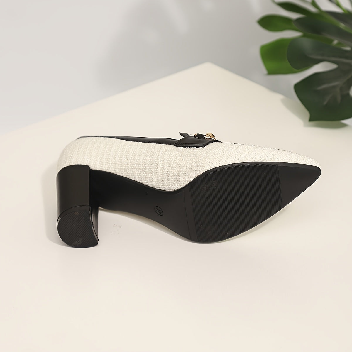 Women's White Black Mary Jane Pumps with Chunky Heel and Gold Chain Strap