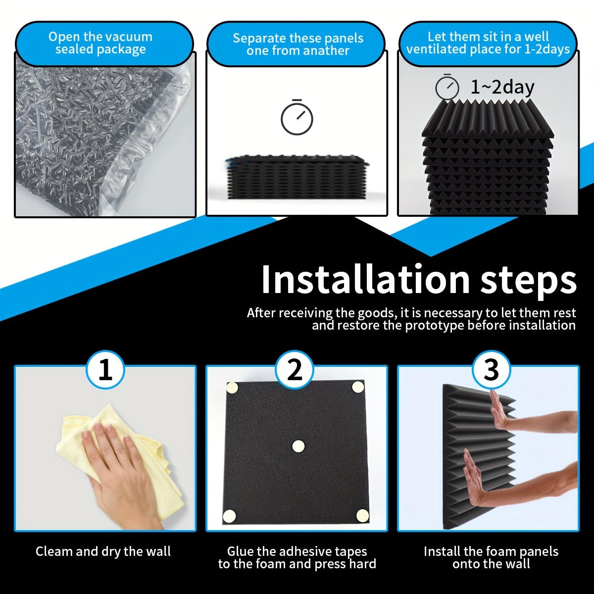 48pcs Acoustic Foam Panels Soundproofing Fire-Resistant Wedges for Studio Bedroom Office Black Gray