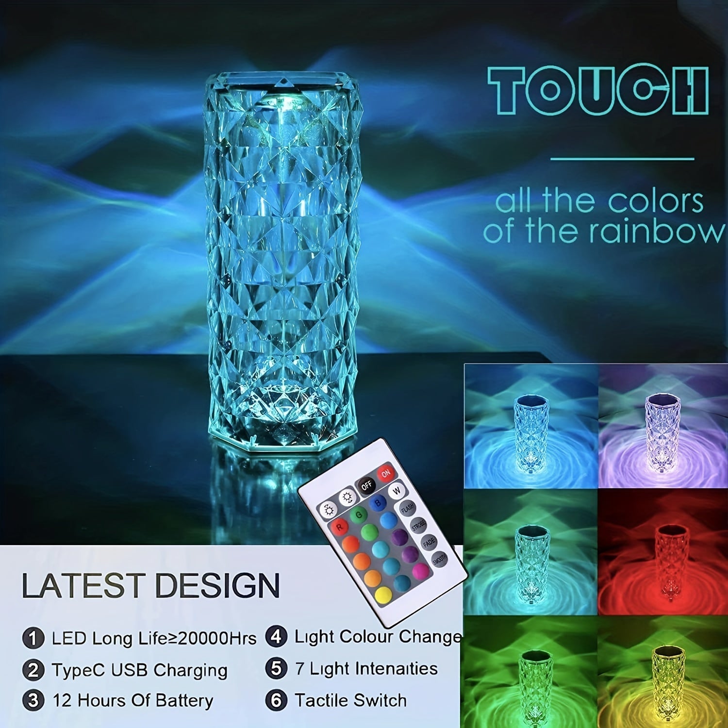 RGB Crystal Rose Night Light with 16 Colors Touch and Remote Control Dimmable USB Rechargeable Atmosphere Lamp