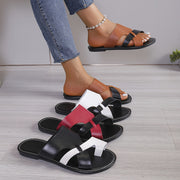 Women's Leather Flat Sandals - Summer Beach Slides with Contrast Straps