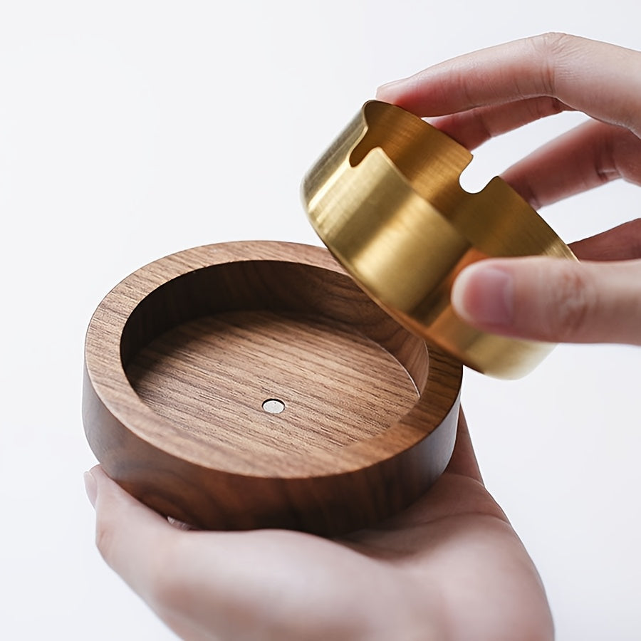 Round Wooden Ashtray with Lid for Home and Office Use