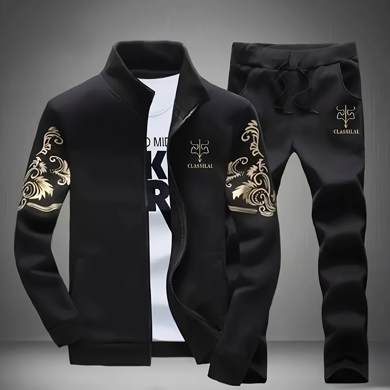 Men's Polyester Long Sleeve Sports Suit with Collared Neck and Print for Spring and Autumn