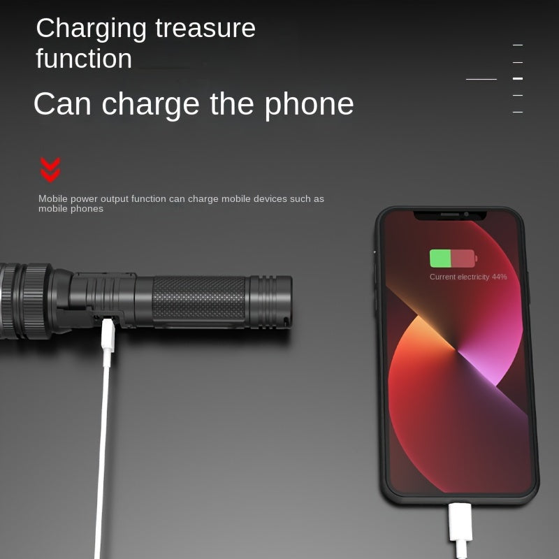 USB orqali zaryadlanadigan, yuqori quvvatli alyuminiy qotishmasidan yasalgan, tashqi favqulodda vaziyatlar uchun raqamli ko'rsatkichga ega flashlight.