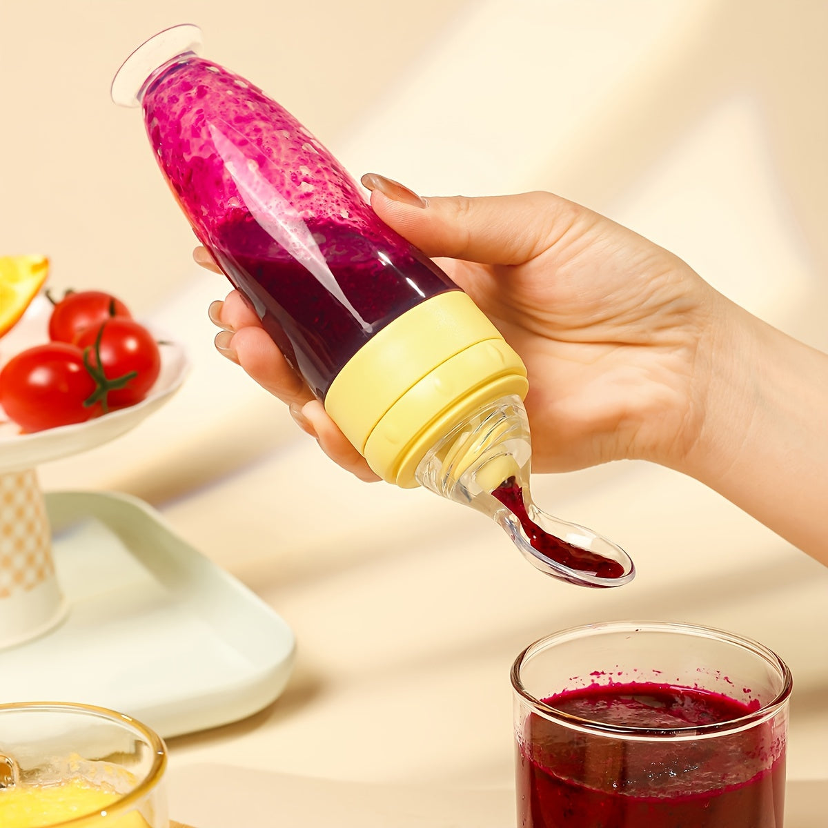 90ml Silicone Baby Feeding Bottle with Soft Spoon Head Self-Feeding Squeeze and Suction Cup in White Red Blue Yellow