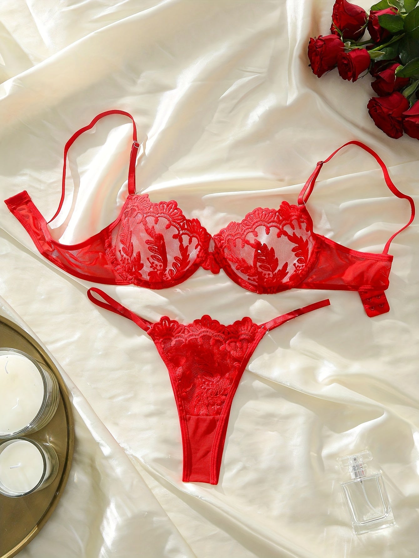 Women's Floral Embroidered Lingerie Set with Underwire Bra and Mesh Thongs