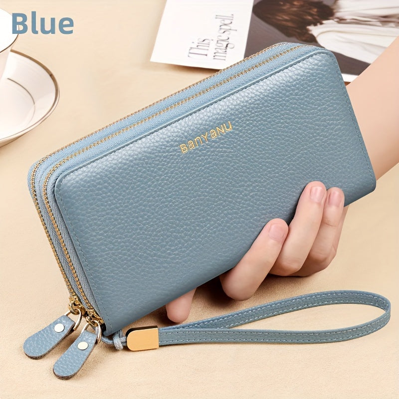 Women's Genuine Leather Wallet with Wristlet Burgundy Large Capacity Double Zip RFID Blocking