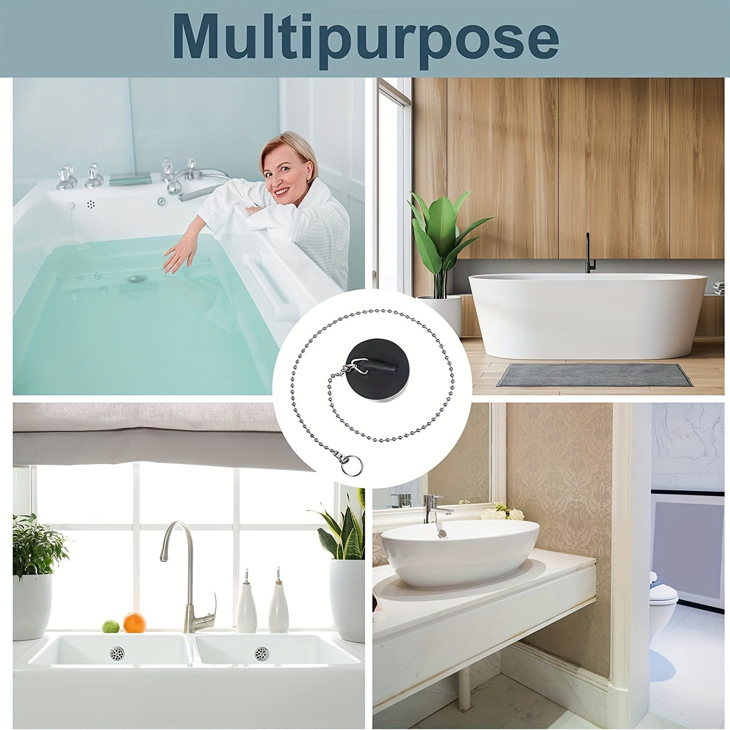 Zanjirli kauchuk hammom plagi, 4 sm diametr, o'rnatish va tozalash oson.