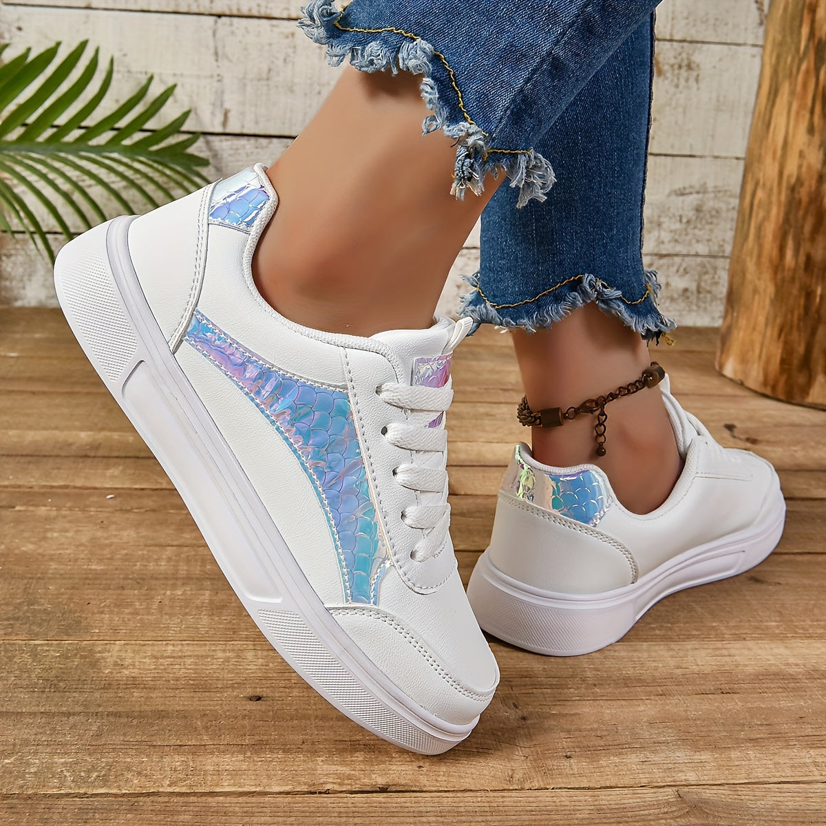 Women's White Glitter Sneakers Lightweight Lace-Up Low-Top Shoes