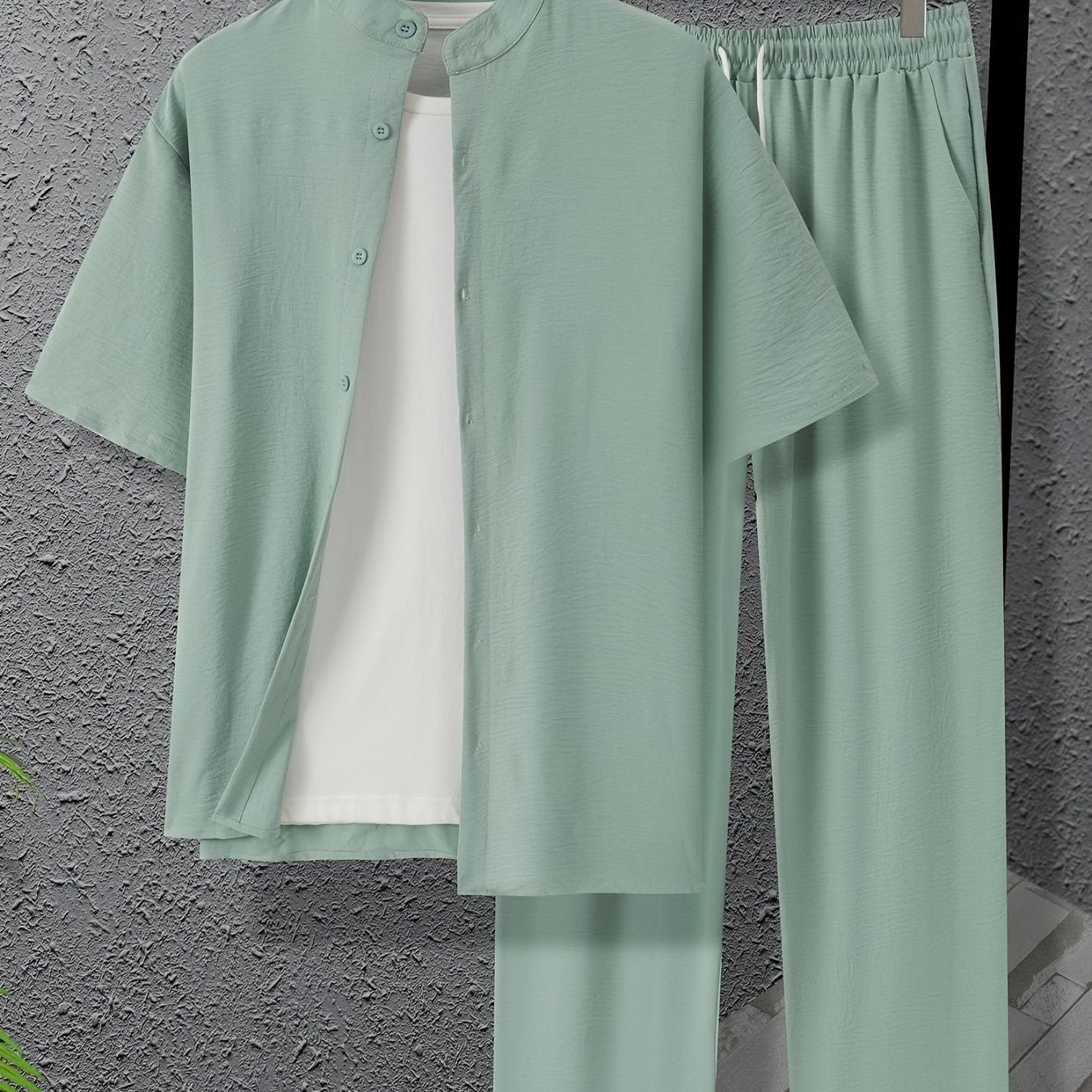 Conjunto de camisa de botones con cuello band y pantalones con cordón de talla grande para hombres, ideal para deportes y ocio