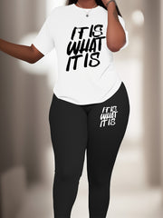 Plus Size Slogan Print Sports Set with Medium Stretch Polyester Knit Fabric