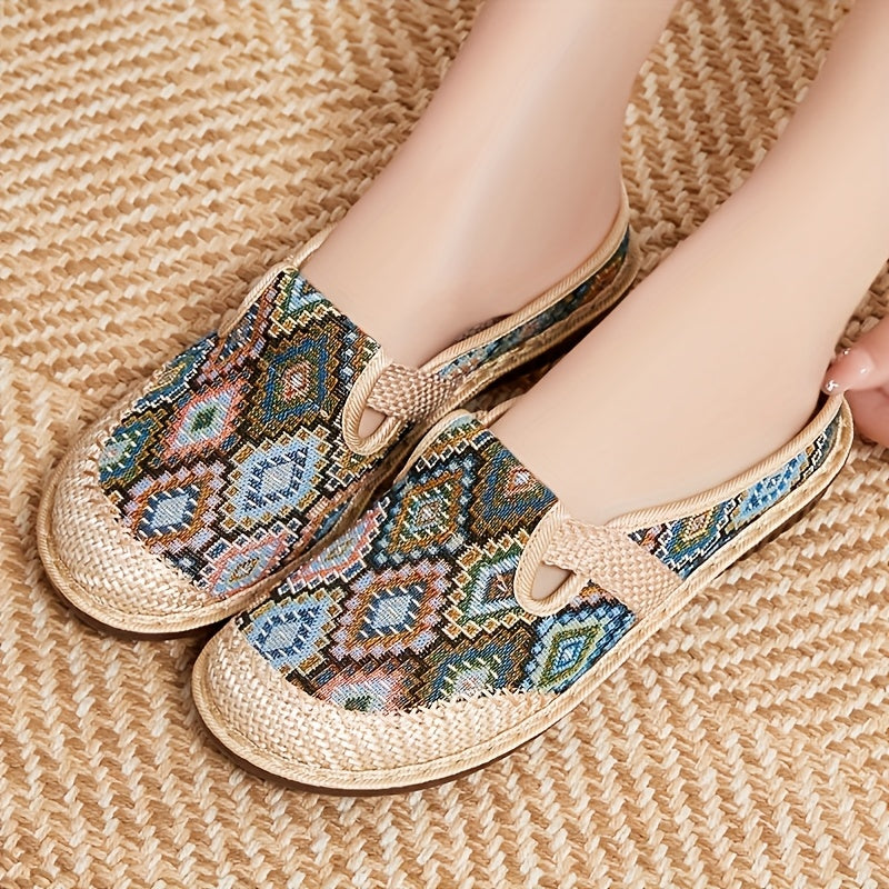 Women's Linen Slippers With Embroidered Colorful Pattern, Soft Sole, Casual