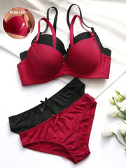 Glossy Steel Ring Lingerie Set in Plain Color 2-Piece
