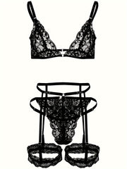 Women's Lace Lingerie Set with Garter Belt and Leg Rings, Seductive, Large