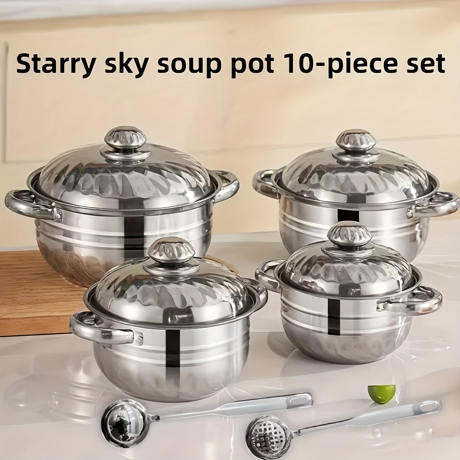 Set of 10 Stainless Steel Cookware Pots with Lids and Spoons for Soup Noodles Seafood
