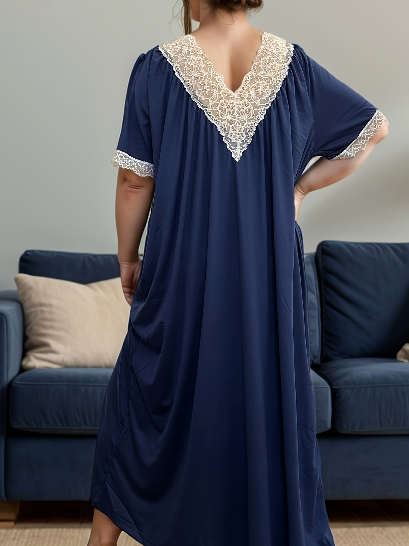 Plus Size Women Lace Trim Short Sleeve Nightgown Soft Stretchy Fabric All-Season Sleepwear