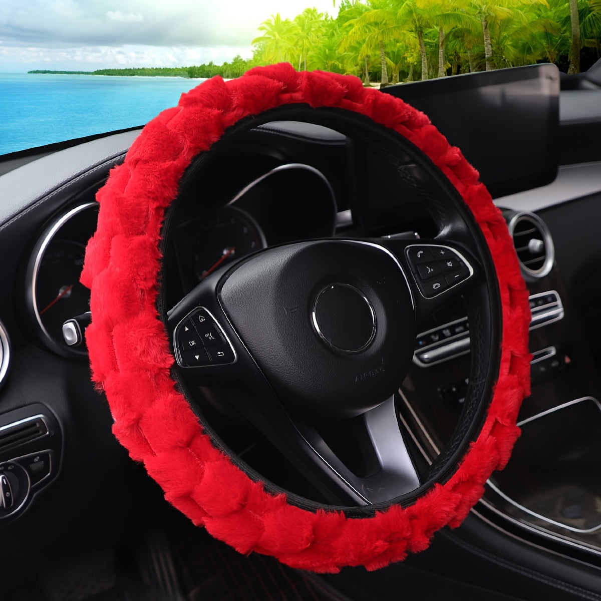 Winter Plush Car Steering Wheel Cover Faux Rabbit Fur Black White Stitching