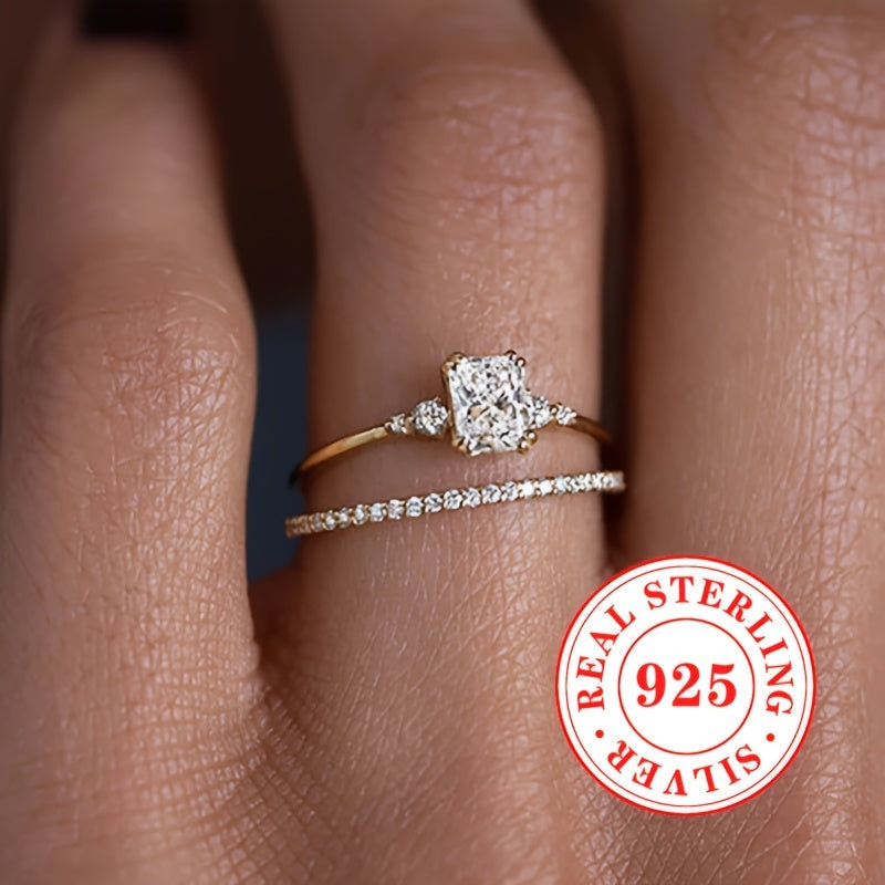 Women’s Sterling Silver Engagement Ring with Square Zirconia for Weddings and Anniversaries