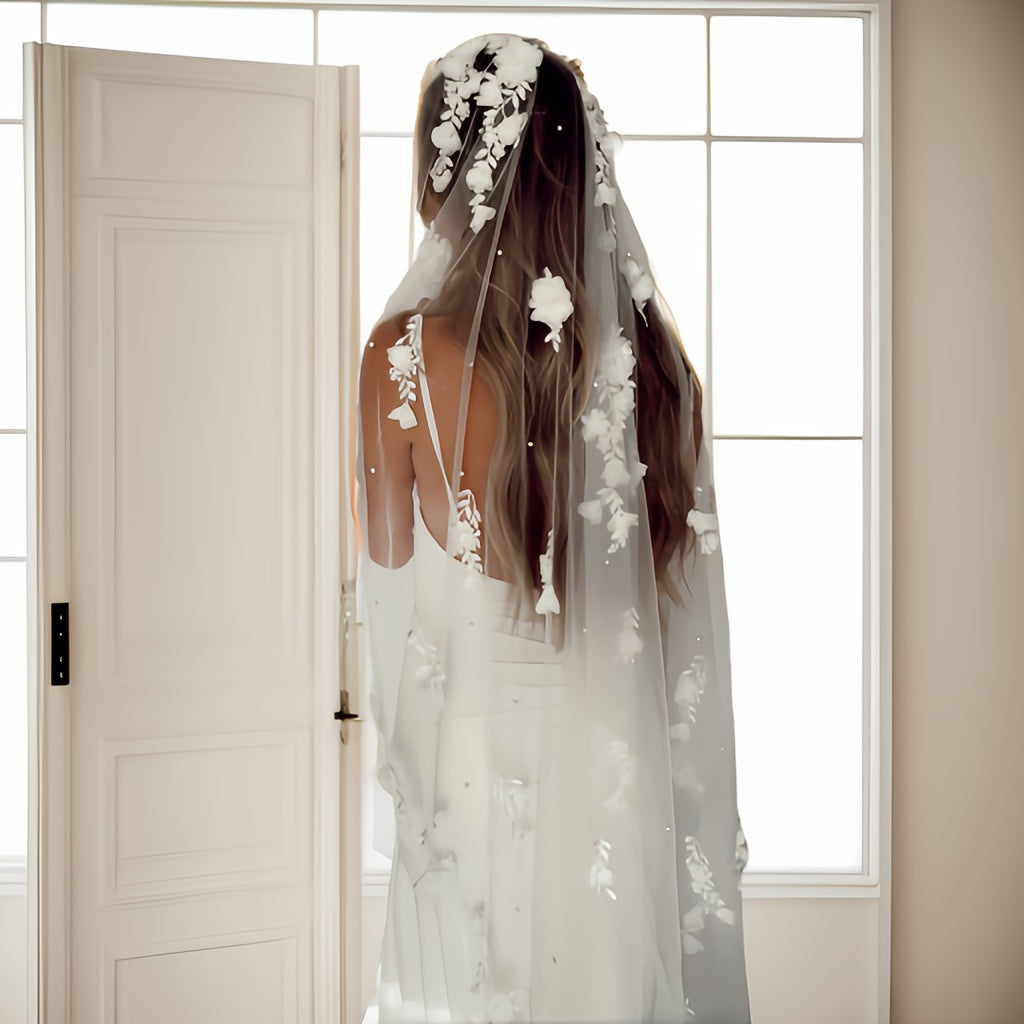 Wedding Veil with Floral Embellishments and Polyester Material for Bridal Accessories